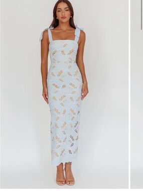 Light Blue Lace Tie-Strap Midi Dress